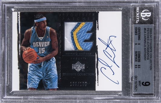 2003-04 UD "Exquisite Collection" Patches Autographs #CA Carmelo Anthony Signed Game Used Patch Rookie Card (#100/100) – BGS MINT 9/BGS 10